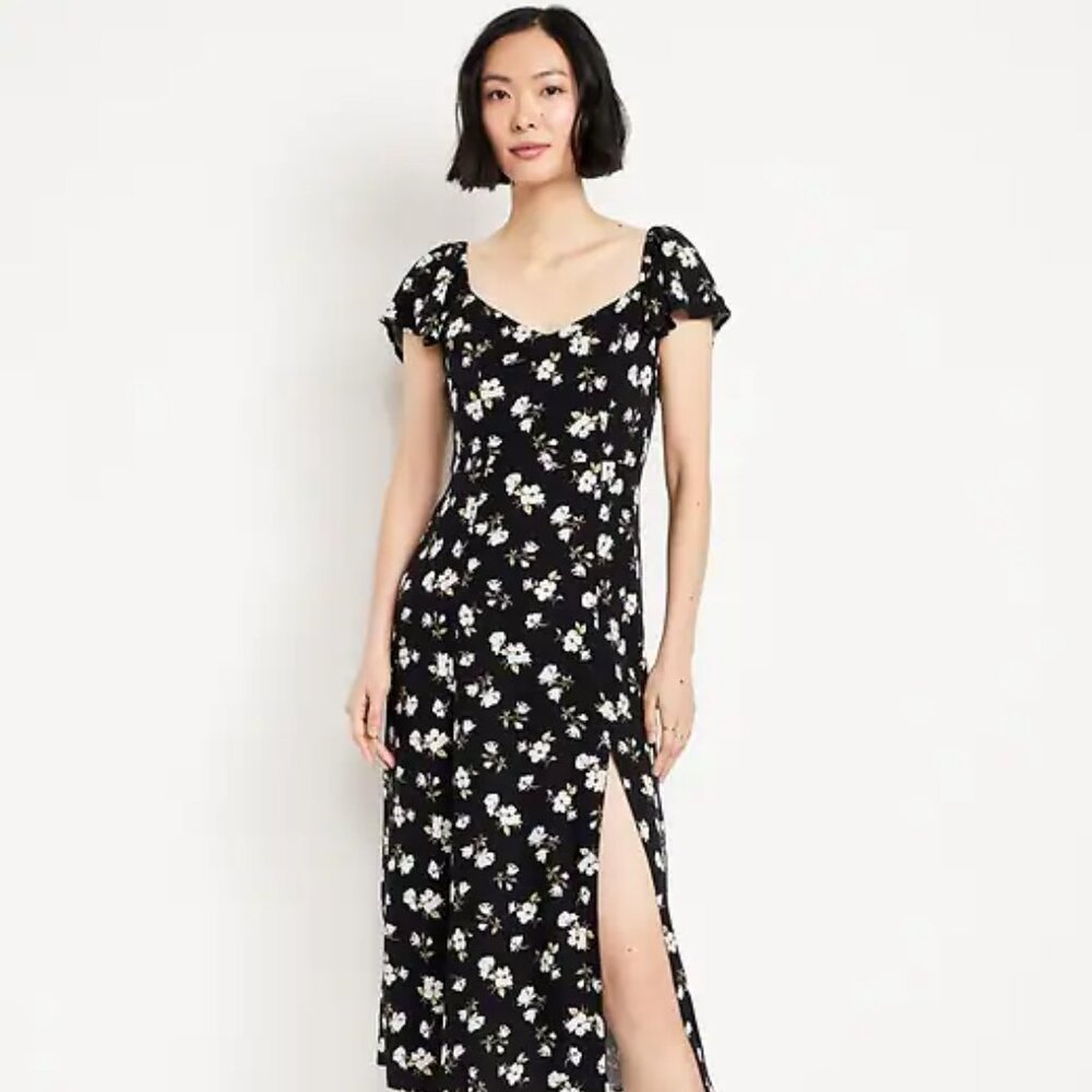 Flutter-Sleeve Crepe Midi Dress